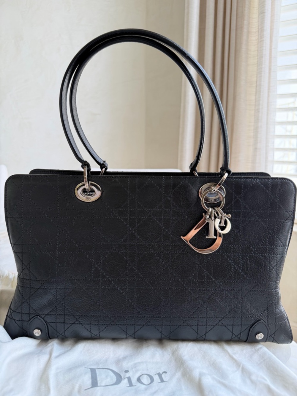 Christian Dior Vintage Black Cannage Leather Lady Dior Tote Bag w/Silver Tone - Picture 3 of 16